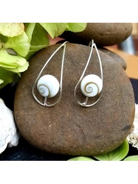 Long hook White Shell Drop  - Shiva's Eye -  92.5 Sterling Silver Earrings