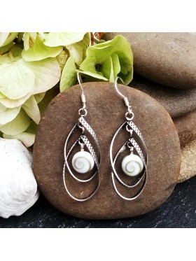 White Shell Double Hoop Dangle Drop  - Shiva's Eye -  92.5 Sterling Silver Earrings