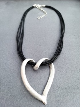Twist Silver Heart  Black Leather Necklace   