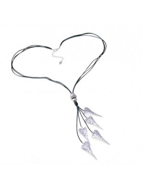 Long Hammered Hearts Silver Leather Necklace   