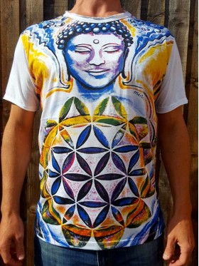 Buddha - Flower of Life  - Mirror - T-Shirt  - White - 100% cotton - M - L 